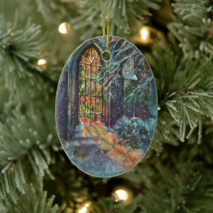 Kerstkerkkerk met Glas in lood raam Keramisch Ornament