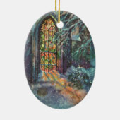 Kerstkerkkerk met Glas in lood raam Keramisch Ornament (Achterkant)