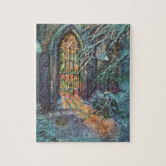 Kerstkerkkerk met Glas in lood raam Legpuzzel (Verticaal)