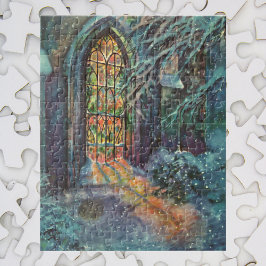 Kerstkerkkerk met Glas in lood raam Legpuzzel