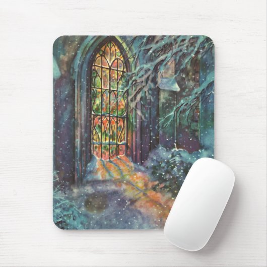 Kerstkerkkerk met Glas in lood raam Muismat (Met muis)