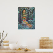 Kerstkerkkerk met Glas in lood raam Poster (Keuken)