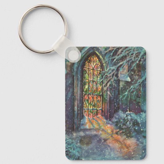 Kerstkerkkerk met Glas in lood raam Sleutelhanger (Voorkant)