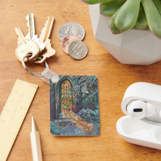 Kerstkerkkerk met Glas in lood raam Sleutelhanger (Bureau)