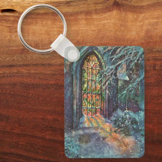 Kerstkerkkerk met Glas in lood raam Sleutelhanger (Voorkant)
