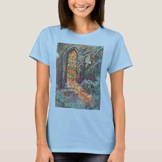 Kerstkerkkerk met Glas in lood raam T-shirt (Voorkant)