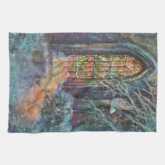 Kerstkerkkerk met Glas in lood raam Theedoek (Horizontaal)