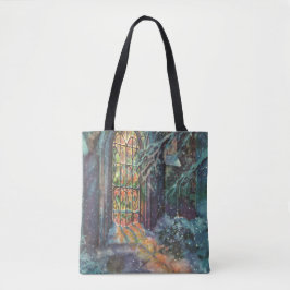Kerstkerkkerk met Glas in lood raam Tote Bag
