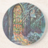 Kerstkerkkerk met Glas in lood raam Zandsteen Onderzetter (Voorkant)