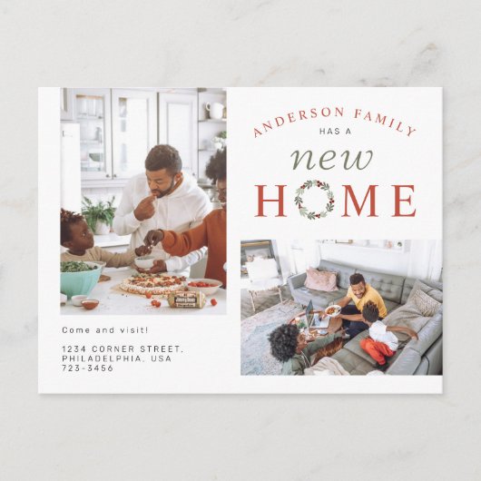 Kerstkersen met twee foto's: New Home Moving Aankondigingskaart (Voorkant)