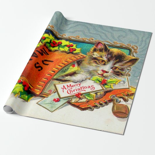  kerstkerst met kat cadeaupapier (Uitgerold)
