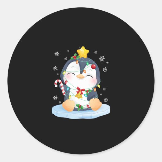 Kerstkerst met pinguïn ronde sticker (Voorkant)