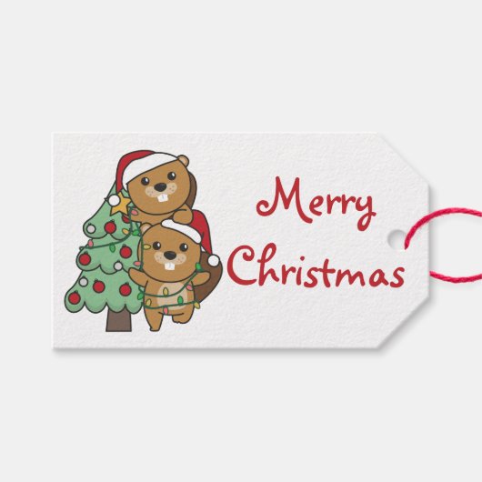 Kerstkerstboombeestjes met kerstbomen cadeaulabel (Voorkant (Horizontaal))