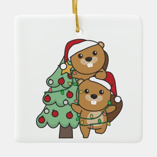 Kerstkerstboombeestjes met kerstbomen keramisch ornament (Voorkant)