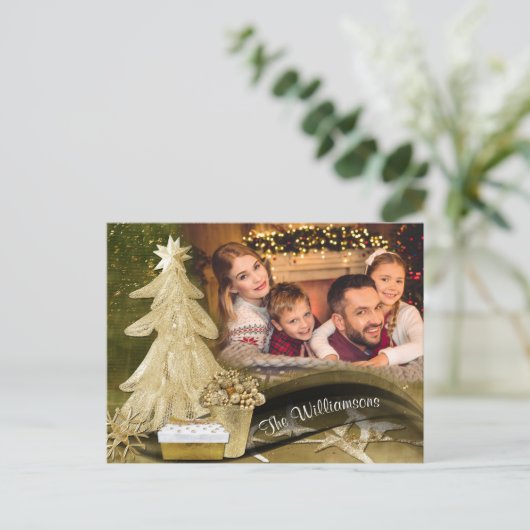 Kerstkerstfoto met gouden kerstbomen briefkaart (Staand voorkant)