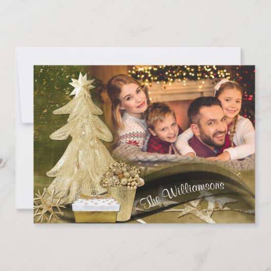 Kerstkerstfoto met gouden kerstbomen feestdagenkaart (Voorkant)