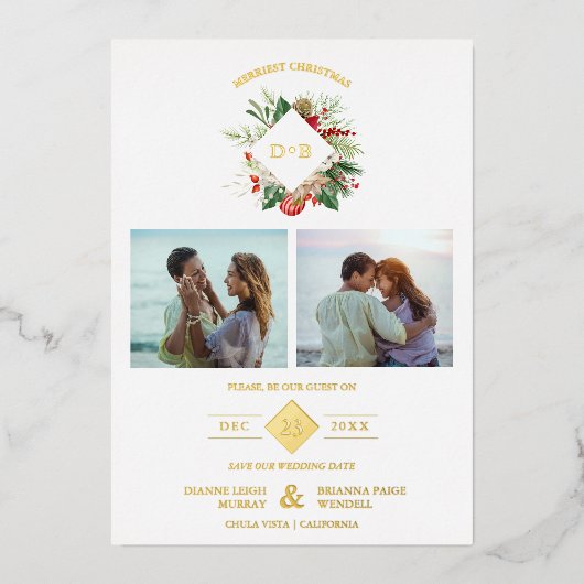 KerstkerstInitialen Floral 2 Foto's Fancy collage Folie Uitnodiging (Voorkant)