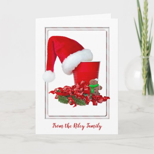 Kerstkerstkerstkersthoed op een rode feestkop feestdagen kaart (Voorkant)