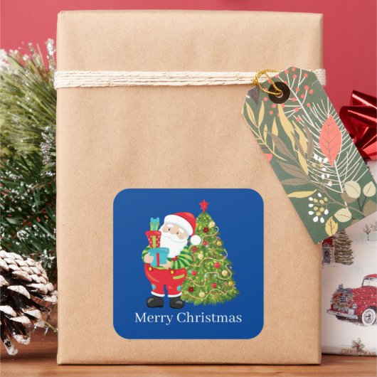 Kerstkerstkerstkerstkerstman en boom vierkante sticker (Feestdagen)