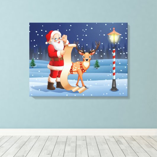 Kerstkerstkerstkerstkerstman en rendier canvas afdruk (Insitu (Houten vloer))