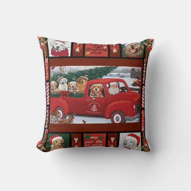 Kerstkerstkerstkerstkerstman Red Truck gouden rect Kussen (Voorkant)