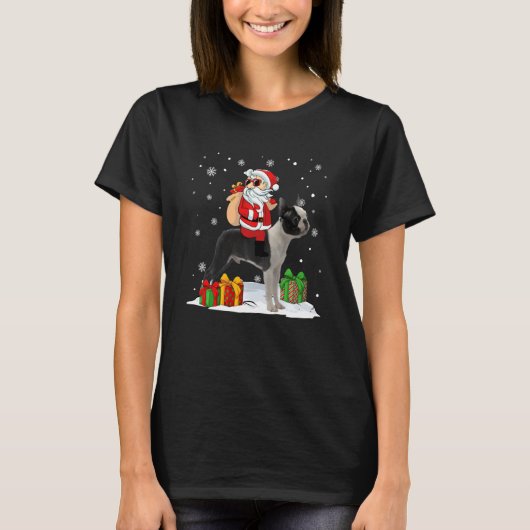 Kerstkerstkerstkerstkerstman Riding Boston Terrier T-shirt (Voorkant)