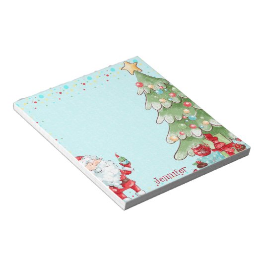Kerstkerstkerstman en Boom Whimsical w Name Gift Notitieblok (Schuin)