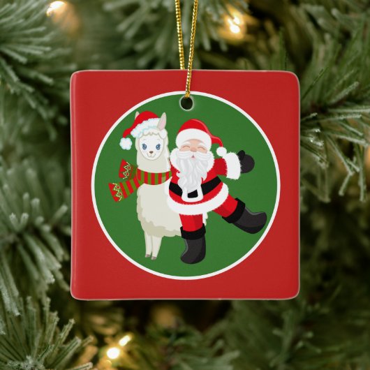 Kerstkerstkerstman en lama voegen ornament toe (Boom)