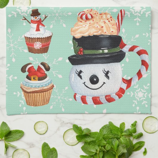 Kerstkerstkerstman en Snowman Hot Cocoa & Cupcakes Theedoek (Gevouwen)