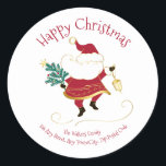 Kerstkerstkerstman, familienaam, terugkeeradres ronde sticker<br><div class="desc">Voeg deze feestelijke Happy kerstkerstkerstkerstman-Sticker met uw familienaam en adres toe. Ontworpen met een schattige dansende kerstman en sms: Vrolijk Kerstfeest,  samen met je familienaam en adres,  kan voor al je vakantiemails worden gebruikt. Om zich te personaliseren,  vervang eenvoudig de steekproeftekst met uw,  gebruikend onze gemakkelijke sjabloon. Geniet!</div>