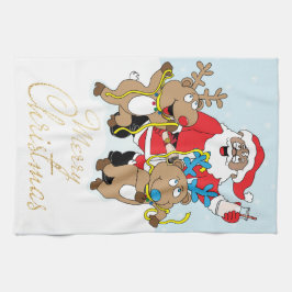 Kerstkerstkerstman met kleur en rendieren theedoek