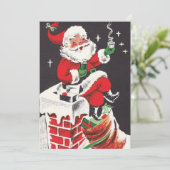 Kerstkerstkerstman met koffie op het dak feestdagenkaart (Staand voorkant)