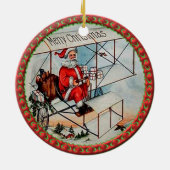 Kerstkerstman die een oud vliegtuig vliegt keramisch ornament (Achterkant)