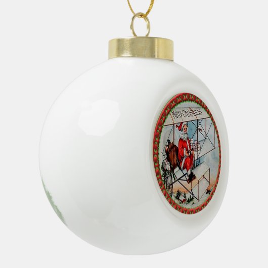 Kerstkerstman die een oud vliegtuig vliegt keramische bal ornament (Links)