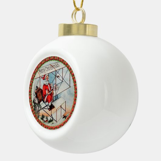 Kerstkerstman die een oud vliegtuig vliegt keramische bal ornament (Rechts)