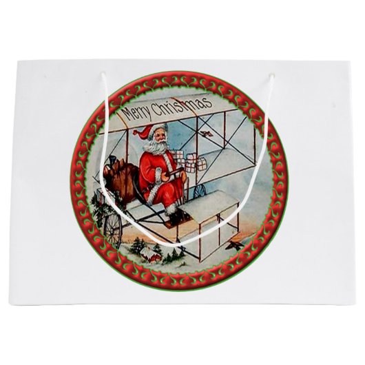 Kerstkerstman die een oud vliegtuig vliegt large cadeautasje (Voorkant)