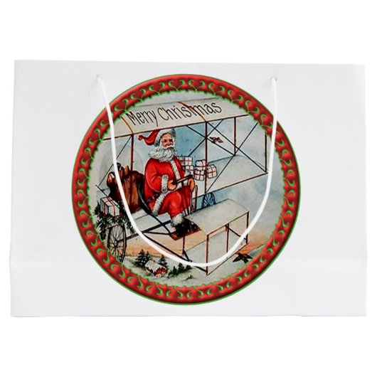 Kerstkerstman die een oud vliegtuig vliegt large cadeautasje (Achterkant)