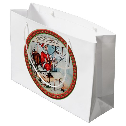 Kerstkerstman die een oud vliegtuig vliegt large cadeautasje (Achterkant Gekanteld)