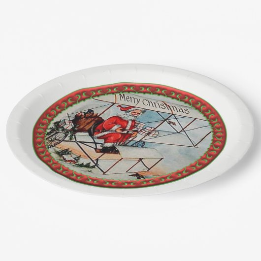 Kerstkerstman die een oud vliegtuig vliegt papieren bordje (Gekanteld)