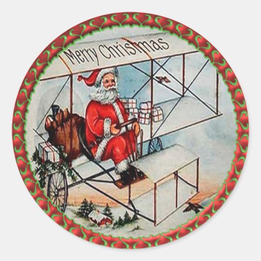 Kerstkerstman die een oud vliegtuig vliegt ronde sticker (Voorkant)