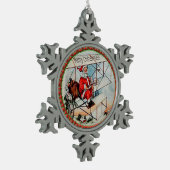 Kerstkerstman die een oud vliegtuig vliegt tin sneeuwvlok ornament (Links)