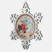Kerstkerstman die een oud vliegtuig vliegt tin sneeuwvlok ornament (Rechts)