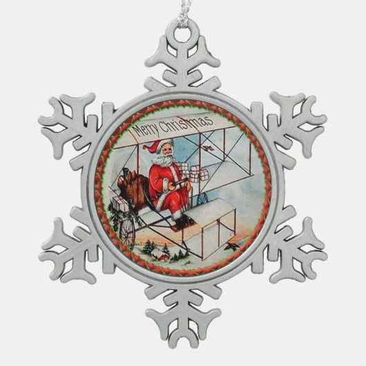 Kerstkerstman die een oud vliegtuig vliegt tin sneeuwvlok ornament (Voorkant)