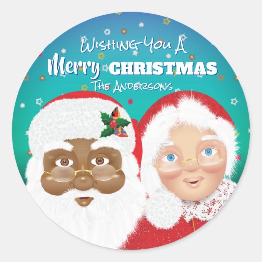 KerstKerstman en mevrouw Claus Biraciale Kerstmis Ronde Sticker (Voorkant)