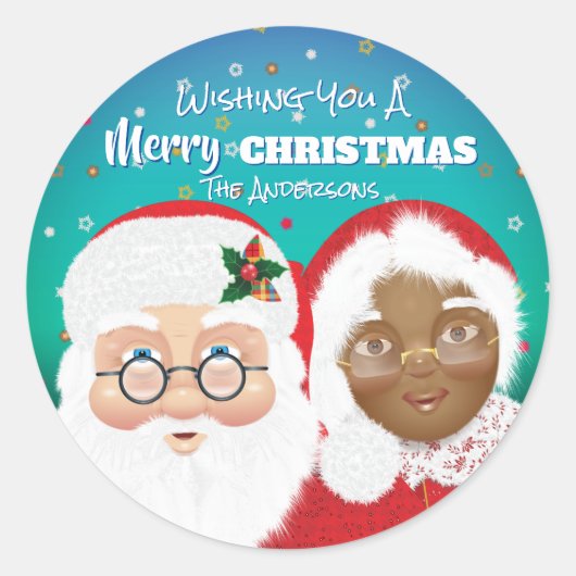 KerstKerstman en mevrouw Claus Biraciale Kerstmis Ronde Sticker (Voorkant)