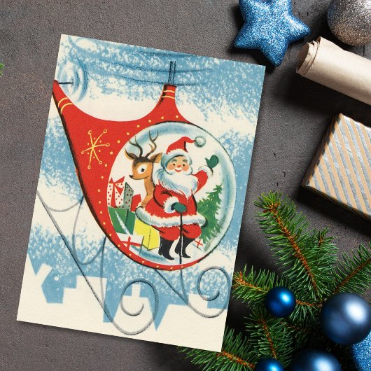 Kerstkerstman en rendier met gevlekte helikopter feestdagenkaart
