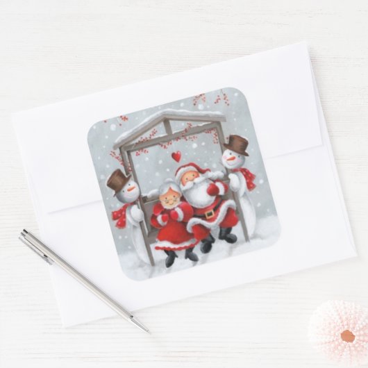 KerstKerstman en Snowman Vierkante Sticker (Envelop)