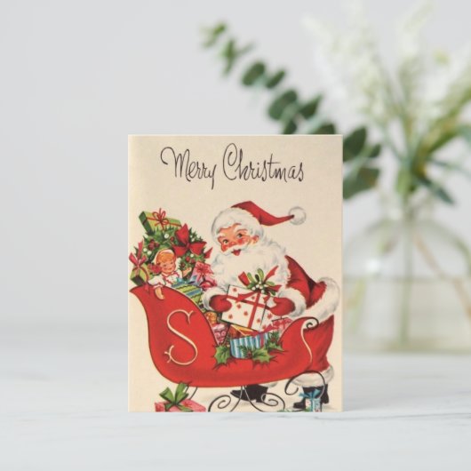  kerstkerstman met kleintje in Sleigh Feestdagenkaart (Staand voorkant)