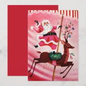  kerstkerstman uit 1950 op rendiercarrousel feestdagenkaart (Voorkant / Achterkant)