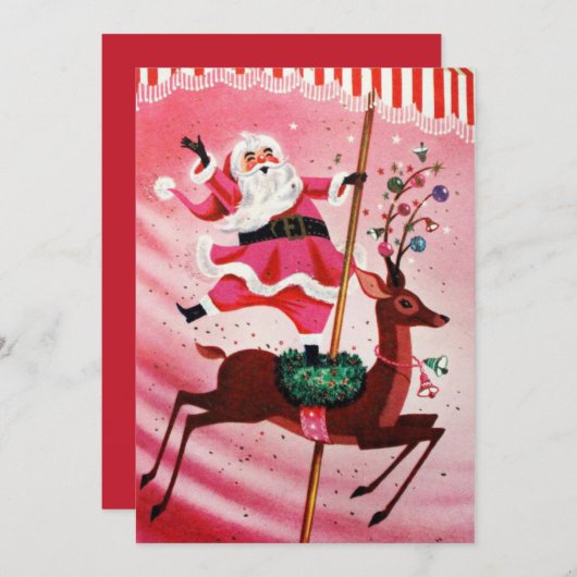 kerstkerstman uit 1950 op rendiercarrousel feestdagenkaart (Voorkant / Achterkant)